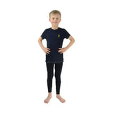 Navy blue lancelot t-shirt by little knight with a small yellow question mark logo and practical contrasting yellow topstitching