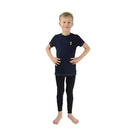 Navy blue lancelot t-shirt by little knight with a small yellow question mark logo and practical contrasting yellow topstitching