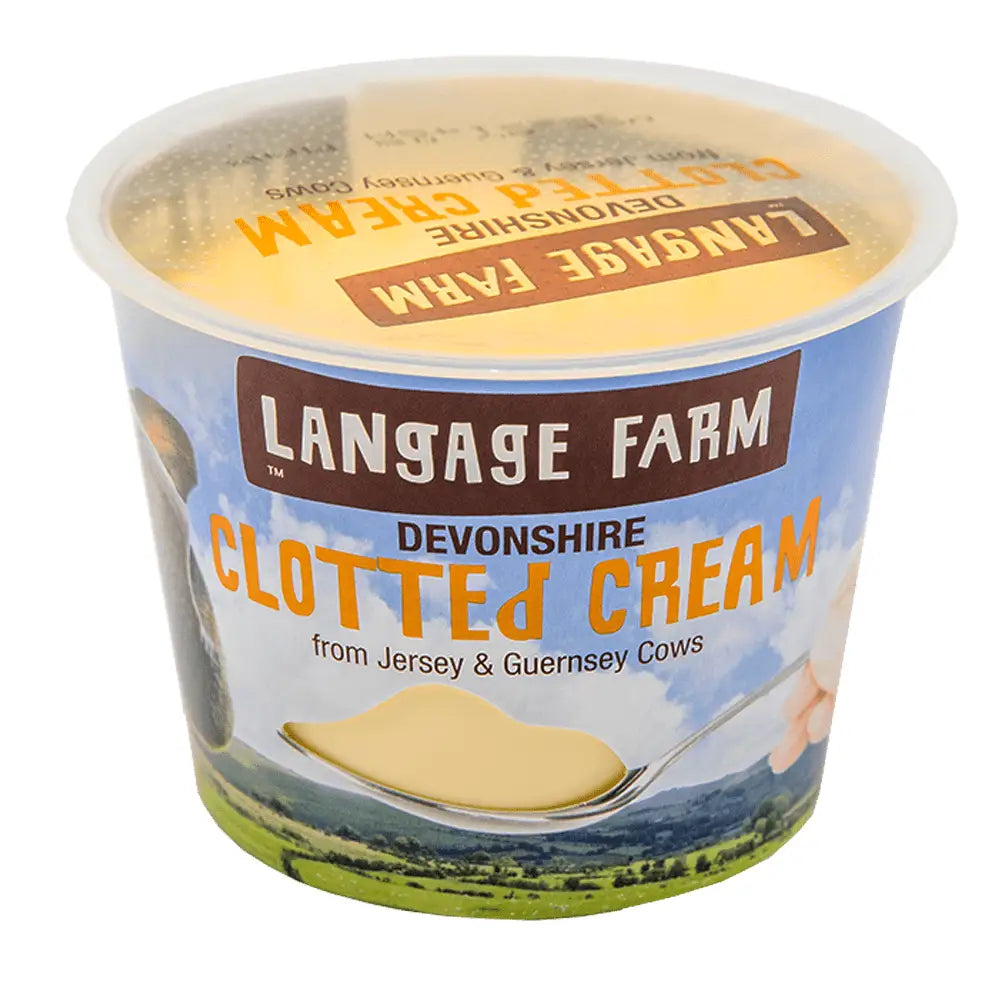 Langage farm devon farm devon clotted cream in a white plastic tub with colorful label and orange text