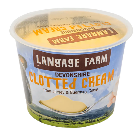 A white plastic tub of langage farm devon farm devon clotted cream with orange text and pastoral imagery label