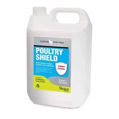 White plastic jug of lanxess poultry shield multi-purpose cleaner sanitiser and degreaser by theseo biomax