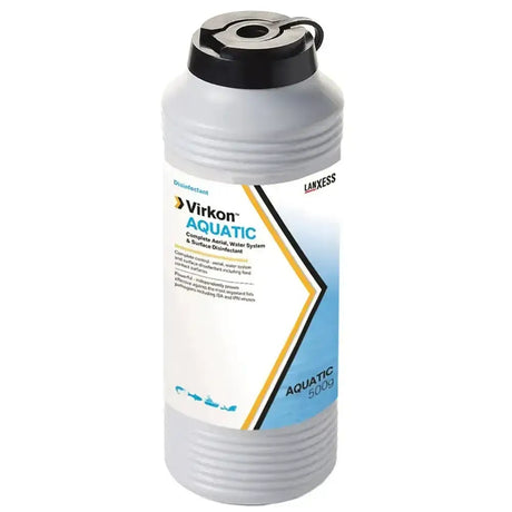 Gray plastic bottle with black cap and label reading lanxess virkon aquatic for water system and surface disinfection