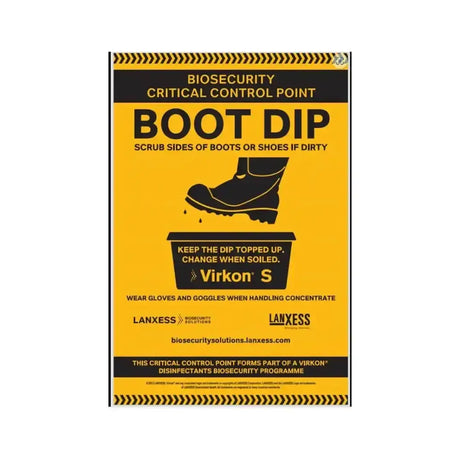 Bright yellow lanxess virkon foot dip sign showing a boot dipping into virkon s container for disinfection