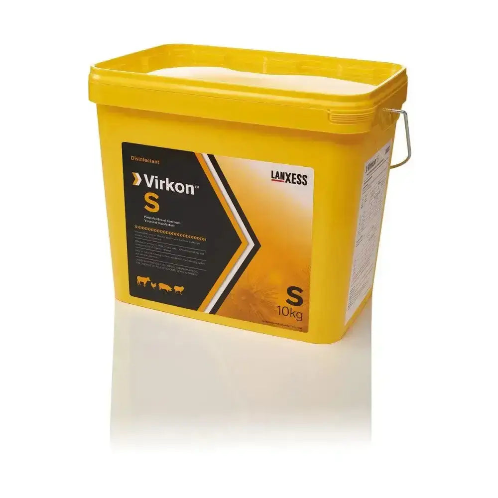 Yellow plastic bucket with handle labeled lanxess virkon s containing 10kg broad spectrum virucidal disinfectant