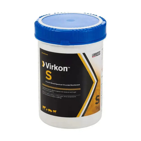White plastic container with blue lid and black yellow lanxess virkon s label for 1kg broad spectrum virucidal disinfectant