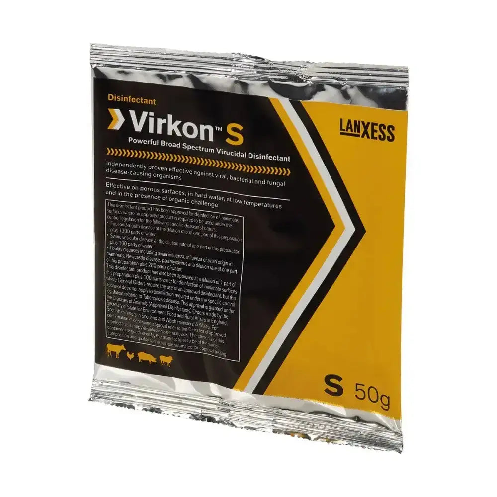 Silver and yellow foil packet of lanxess virkon s broad spectrum virucidal disinfectant powder 50g