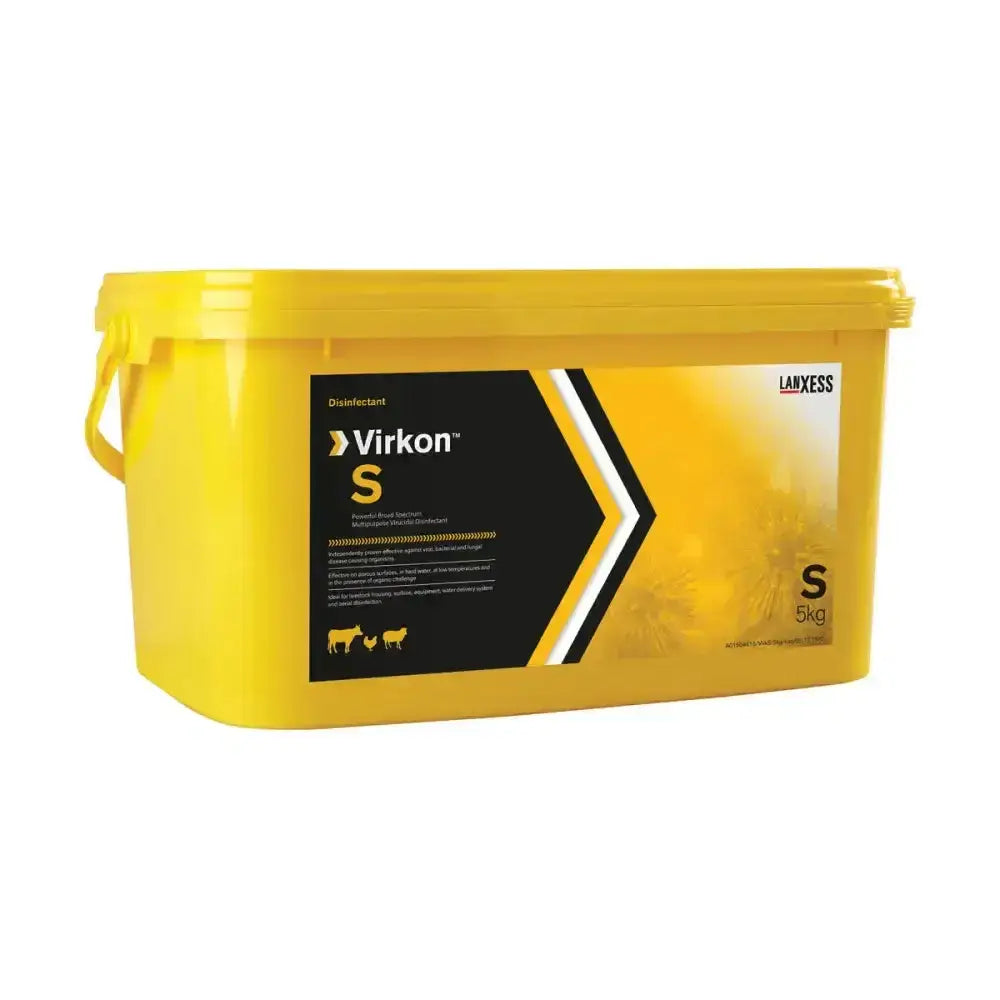 Bright yellow lanxess virkon s plastic container with black and white label showing 5kg broad spectrum virucidal disinfectant