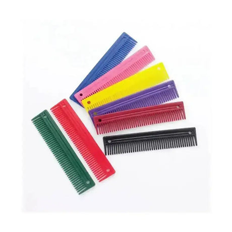 A set of large long plastic coloured mane combs in blue pink yellow purple red green and black ideal multi purpose mane combs