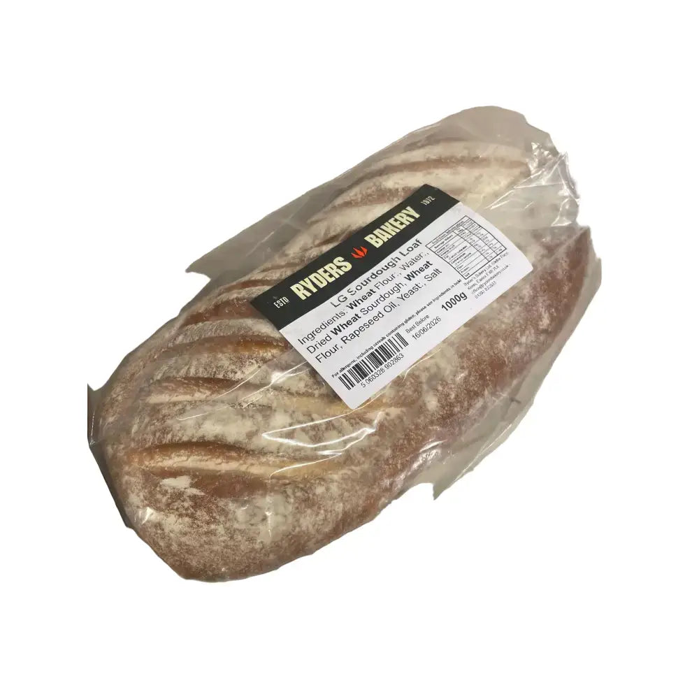 A large sourdough loaf ryders bakery 1000g loaf in clear plastic with black and white label loaf ryders bakery