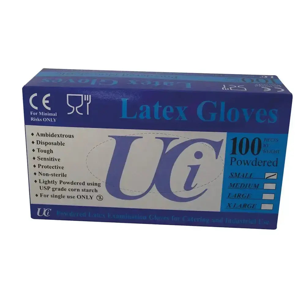 Blue and white uc brand box of 100 latex examination short gloves made of powdered latex for easy use