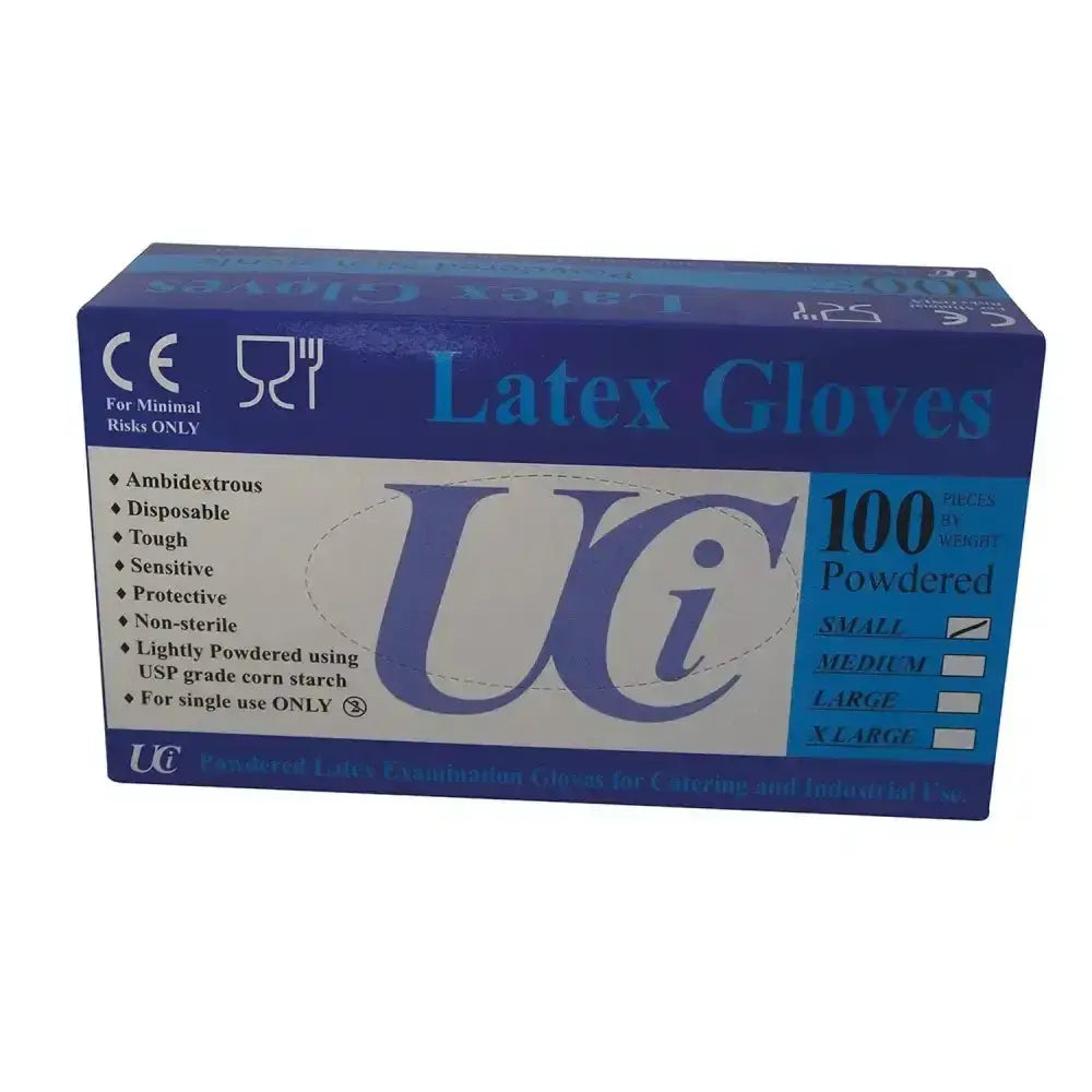 Blue and white uc brand box of 100 latex examination short gloves made from powdered latex for easy use