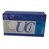 Blue and white uc brand box of 100 disposable latex examination short gloves containing powdered latex gloves