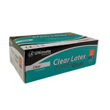 Teal and black box of ultimate industrial clear powdered latex examination short gloves size l