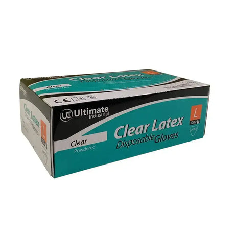 Teal and black box of ultimate industrial clear powdered latex examination short gloves size l