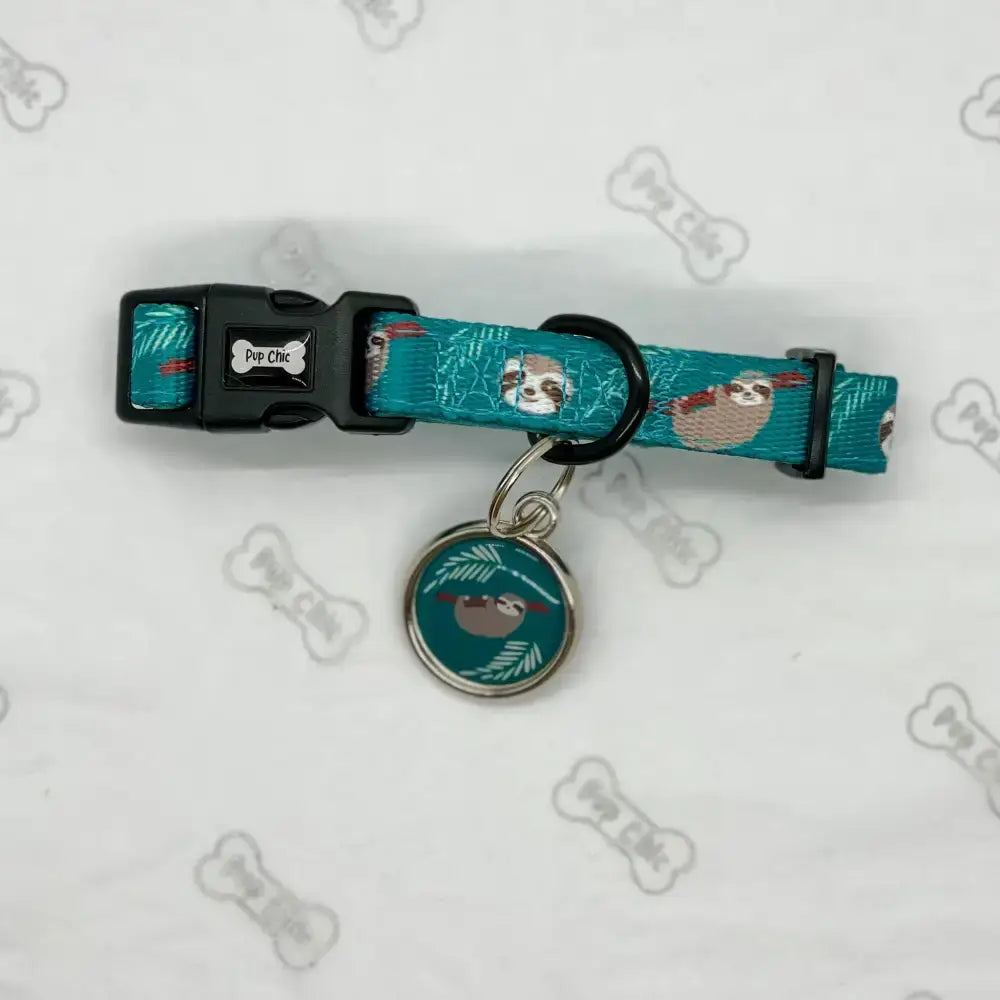 Teal lazy sloth collar with black plastic buckle and mint green pup chic sloth tag perfect for tactical dog collars