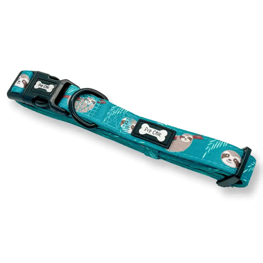 Teal mint green pup chic lazy sloth collar with playful sloth pattern and black plastic buckle for comfy dog wear