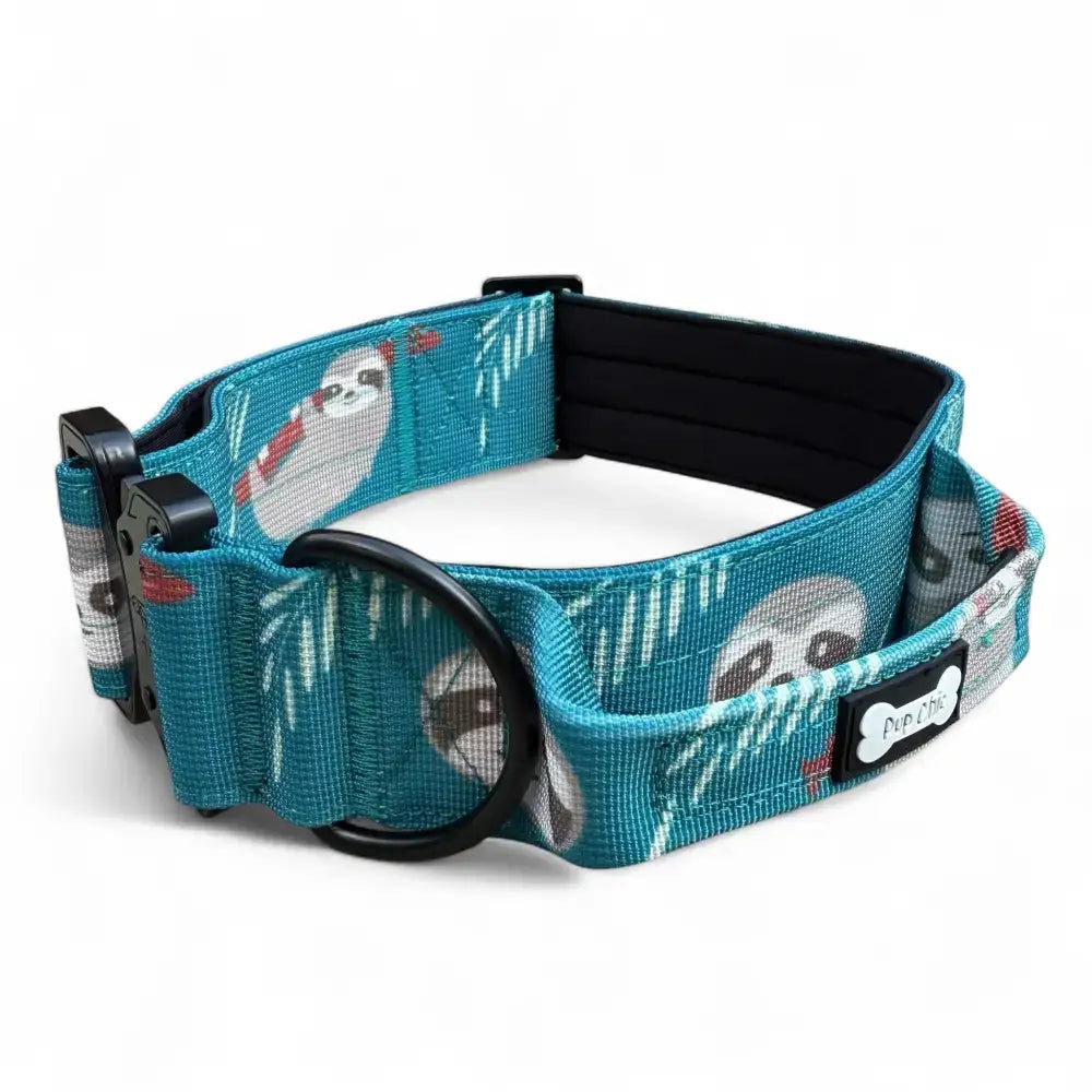 Teal lazy sloth collar with playful sloth print, soft padded interior, black buckle, perfect for mint green pup chic style
