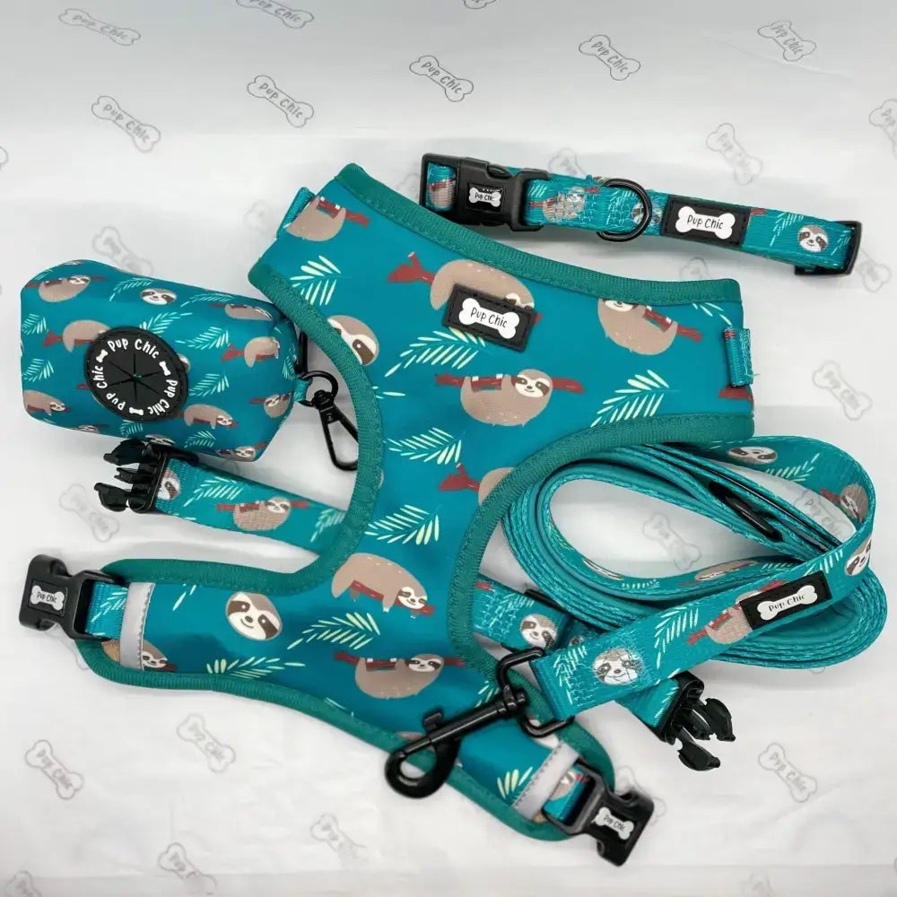 Teal lazy sloth collar set with sloth pattern, black hardware, and reflective strips for mint green pup chic style