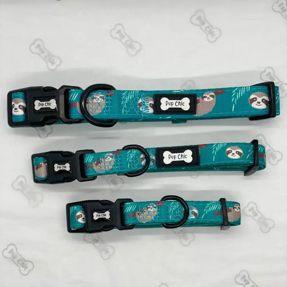 Teal lazy sloth collars with sloth pattern black plastic buckles and mint green pup chic bone tags for dogs