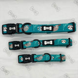 Teal lazy sloth collars with sloth pattern black plastic buckles and mint green pup chic bone tags for dogs