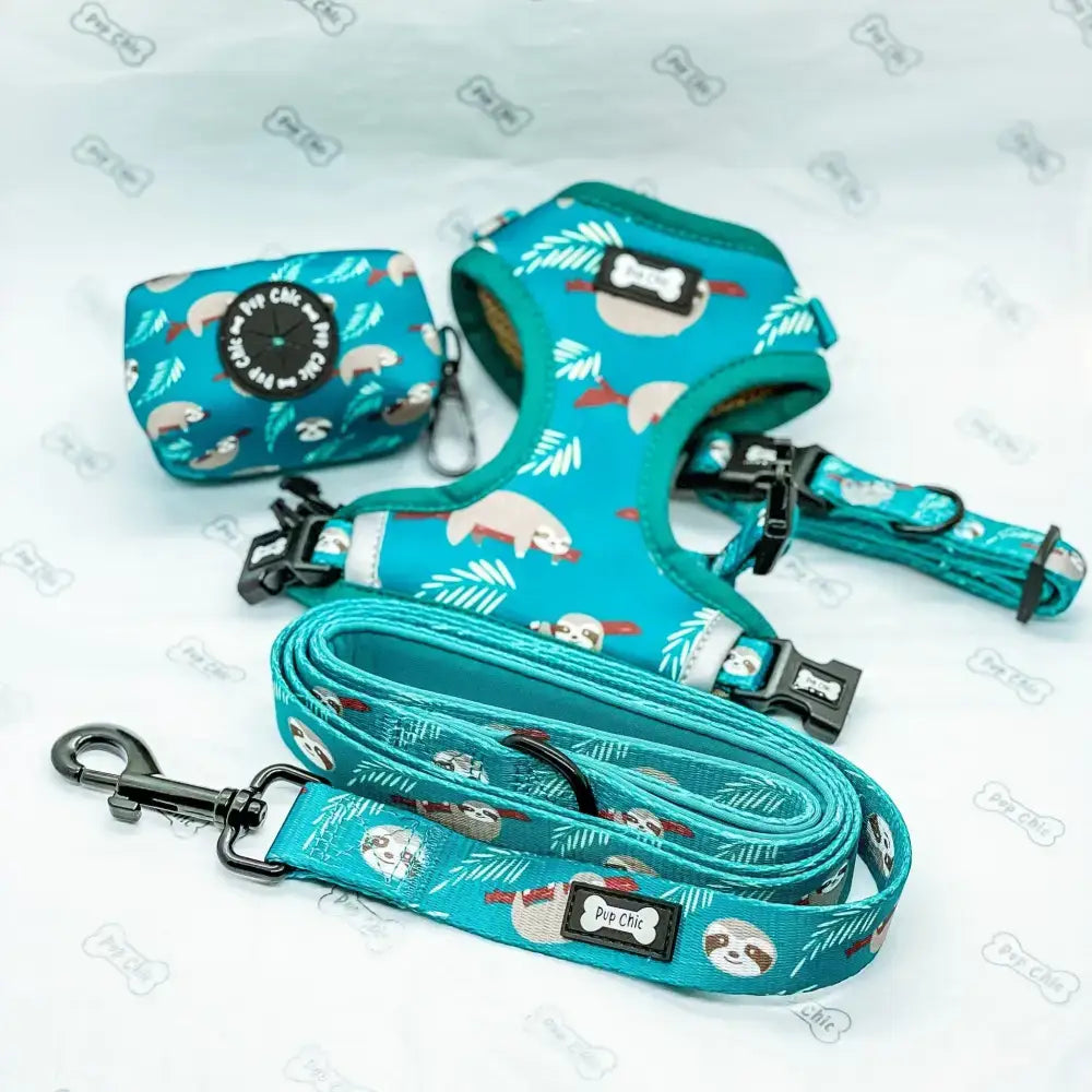 Teal sloth-themed lazy sloth collar set with matching leash and poop bag dispenser in mint green pup chic style