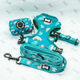 Teal sloth-themed lazy sloth collar set with matching leash and poop bag dispenser in mint green pup chic style