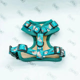 Teal lazy sloth puppy harness xxs with playful sloth pattern and black plastic buckles for tiny breeds