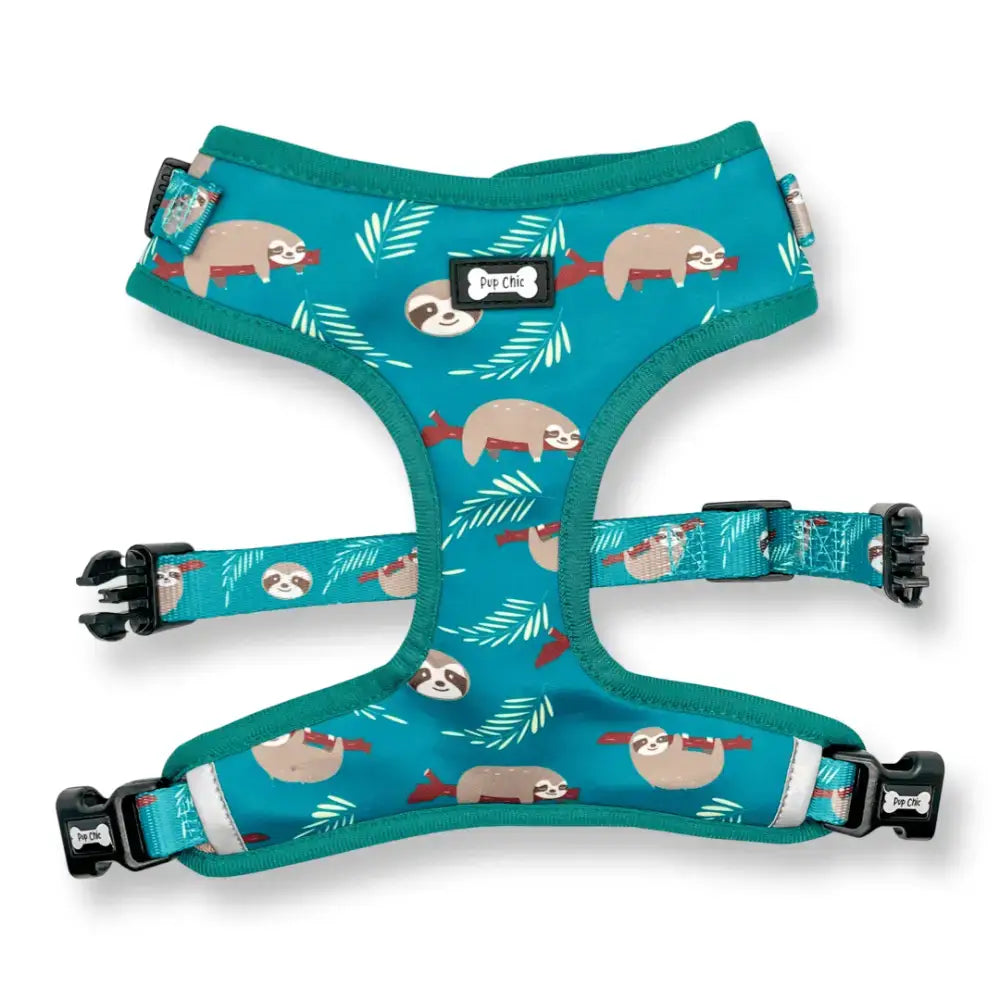 Teal lazy sloth puppy harness xxs size with playful sloth leaf pattern and adjustable black buckles for tiny breeds