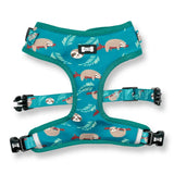 Teal lazy sloth puppy harness xxs size with playful sloth leaf pattern and adjustable black buckles for tiny breeds
