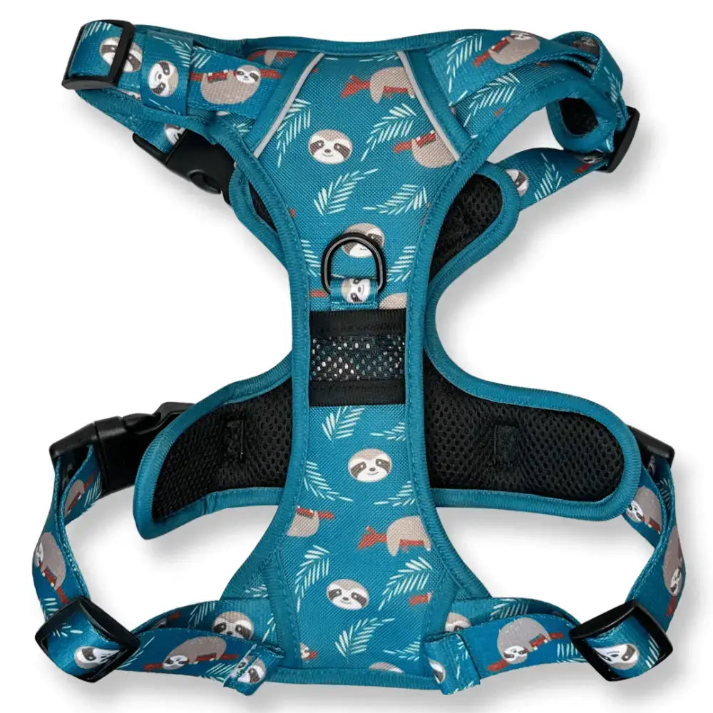 Teal lazy sloth tactical dog harness with playful sloth and palm leaf pattern black mesh padding and adjustable buckles