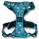 Teal lazy sloth tactical dog harness with playful sloth and palm leaf pattern black mesh padding and adjustable buckles