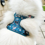 Teal tactical dog harness with playful sloth and bamboo pattern and black plastic hardware lazy sloth tactical style