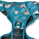 Teal lazy sloth tactical dog harness with playful sloth pattern, black mesh panels, and silver metal hardware