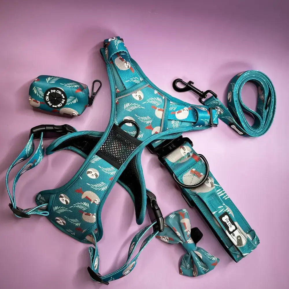 Teal lazy sloth tactical dog harness set with matching mint green pull dog harness leash bow tie and poop bag dispenser