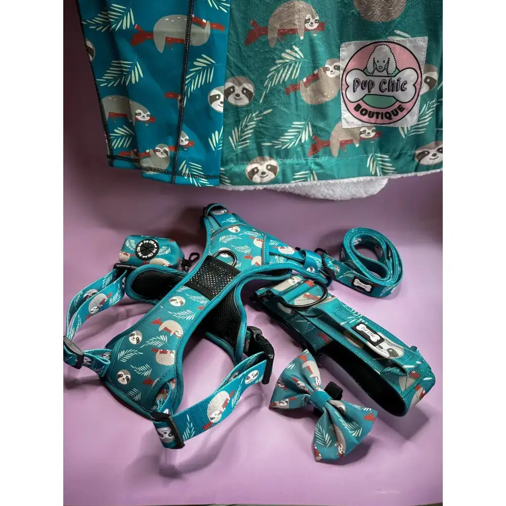 Teal lazy sloth tactical dog harness set with sloth pattern, matching leash and bow tie, perfect for stylish walks