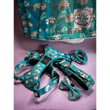 Teal lazy sloth tactical dog harness set with sloth pattern, matching leash and bow tie, perfect for stylish walks