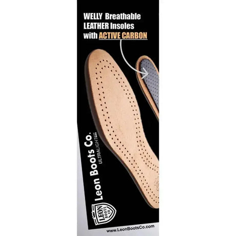 Tan leather insoles with perforations and active carbon insert for equestrian use by leon boots co