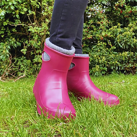 Vibrant pink lbc ultralight ankle boots burgundy with gray fleece lining and side cutouts for lightweight comfort