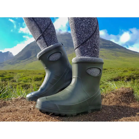 Olive green lbc ultralight ankle boots with gray knit cuffs and oval cutouts made with direct injection moulding