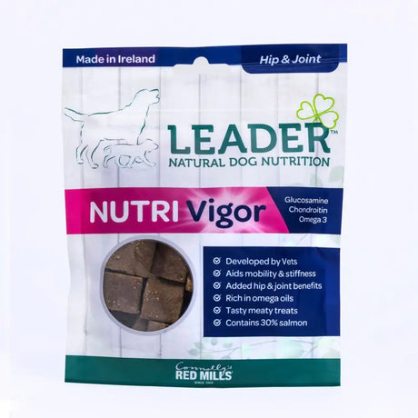 Leader nutri vigor meaty treats in clear plastic bag with pink green and blue branding for hip and joint support