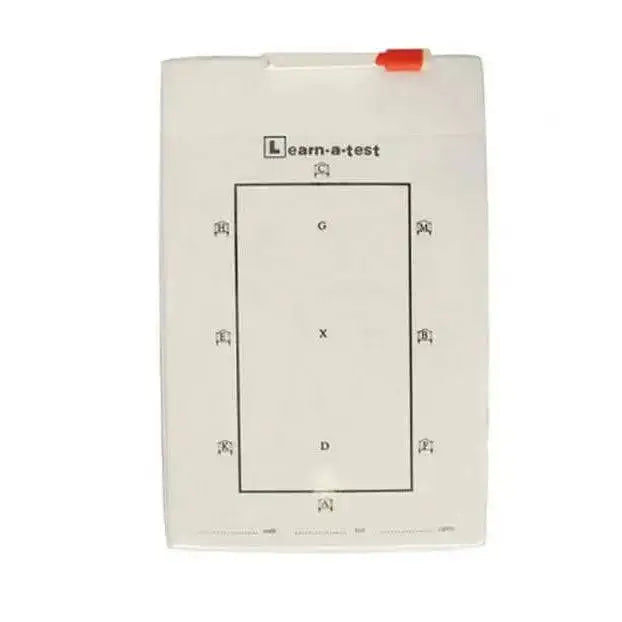 White plastic learn-a-test flashcard with red tab and black letters for dressage test board competition accessories