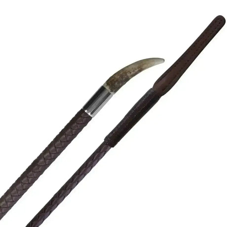 Brown braided leather horsewhip with a curved stag horn tip and metallic end in leather plaited stag style