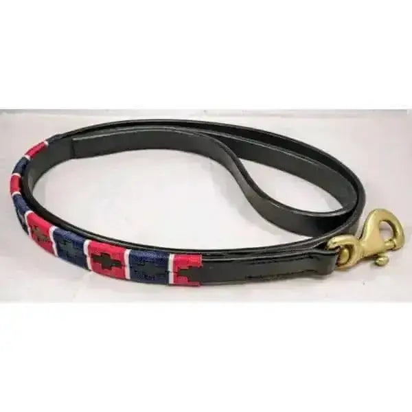 Black leather polo dog collar lead with red navy cross embroidery and gold-tone metal clasp medium size