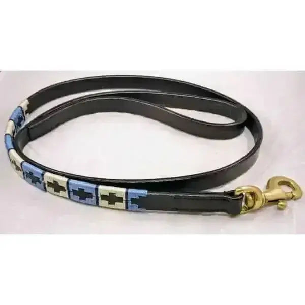 Black leather polo dog collar lead with blue and white embroidered cross patterns and gold metal clasp for small dogs