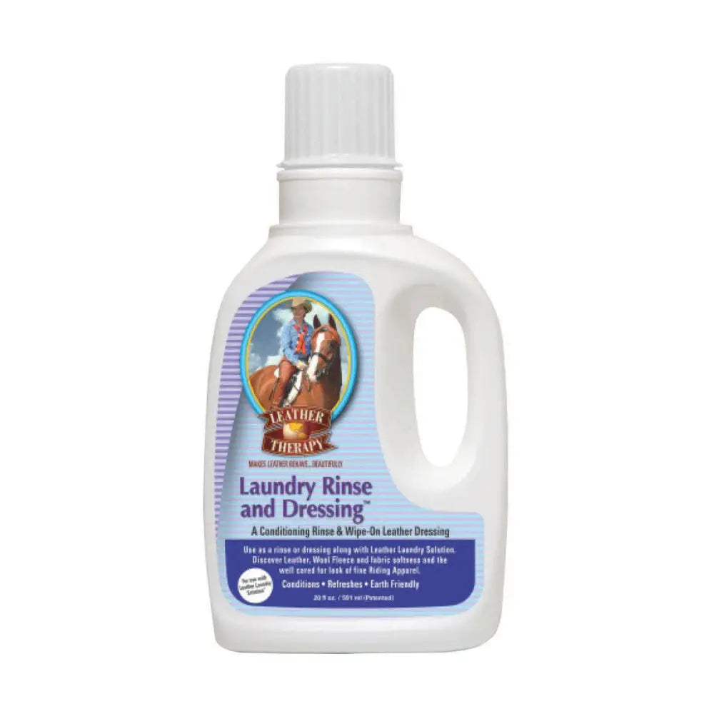 White plastic bottle of leather therapy laundry rinse and dressing with blue label and rider illustration for rich conditioning emollients