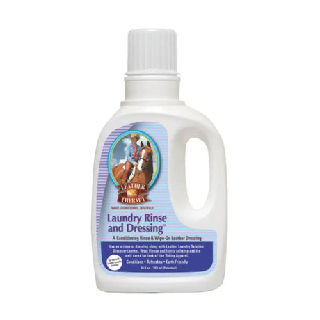 White plastic bottle of leather therapy laundry rinse and dressing with blue label and rider illustration for rich conditioning emollients