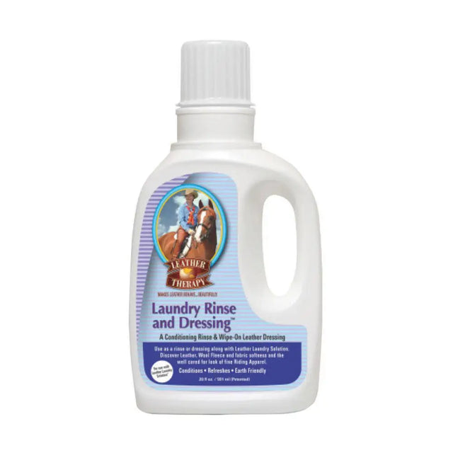 White plastic bottle of leather therapy laundry rinse and dressing with blue label and rider illustration for rich conditioning emollients