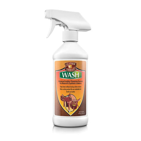 White spray bottle of leather therapy wash advanced formula for cleaning natural and synthetic leather including saddle pads