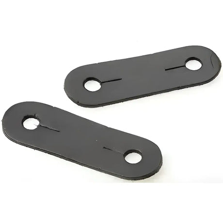 Black leather strap buckles with rounded ends and two holes for peacock safety stirrups leathers use