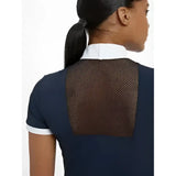 Back view of lemeiux camille short navy polo shirt with white collar and brown mesh panel for show riding